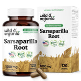 Bottle of Wild & Organic sarsaparilla root capsules with 1000 mg per serving