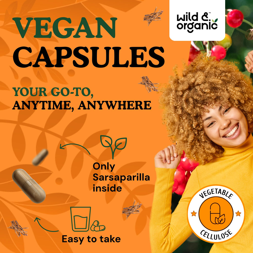 Close-up of sarsaparilla root capsules for easy-to-take form