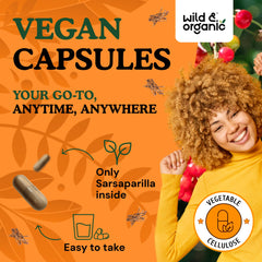 Close-up of sarsaparilla root capsules for easy-to-take form