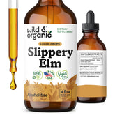 Wild & Organic slippery elm liquid drops 4oz bottle on a wooden surface