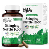 Front view of Wild & Organic stinging nettle root capsules bottle showing 5000 mg per serving
