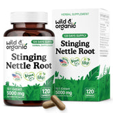 Wild & Organic stinging nettle root capsules bottle showing 120-day supply