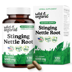 Wild & Organic stinging nettle root capsules bottle showing 120-day supply