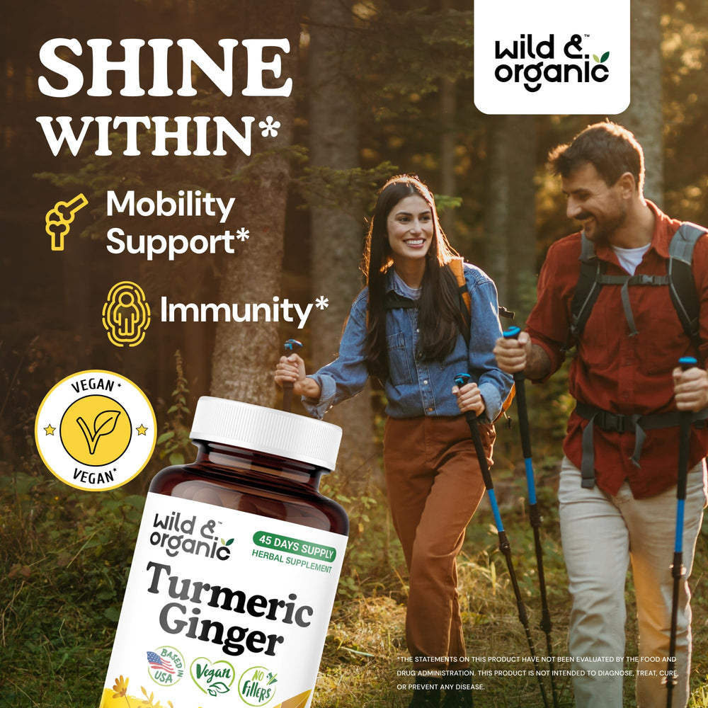Bottle of Wild & Organic turmeric ginger black pepper capsules