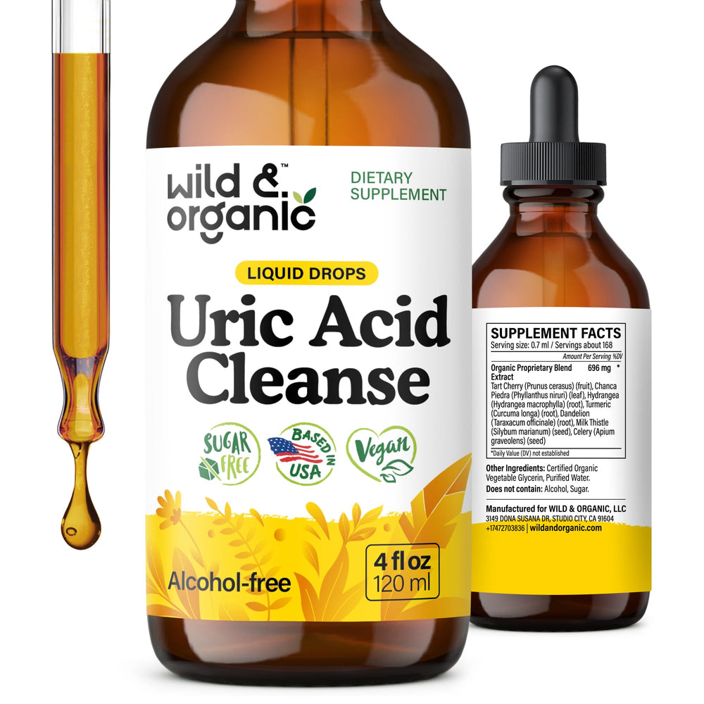 Bottle of Wild & Organic Uric Acid Cleanse Liquid Drops with Tart Cherry label