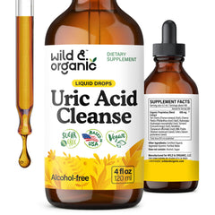 Bottle of Wild & Organic Uric Acid Cleanse Liquid Drops with Tart Cherry label