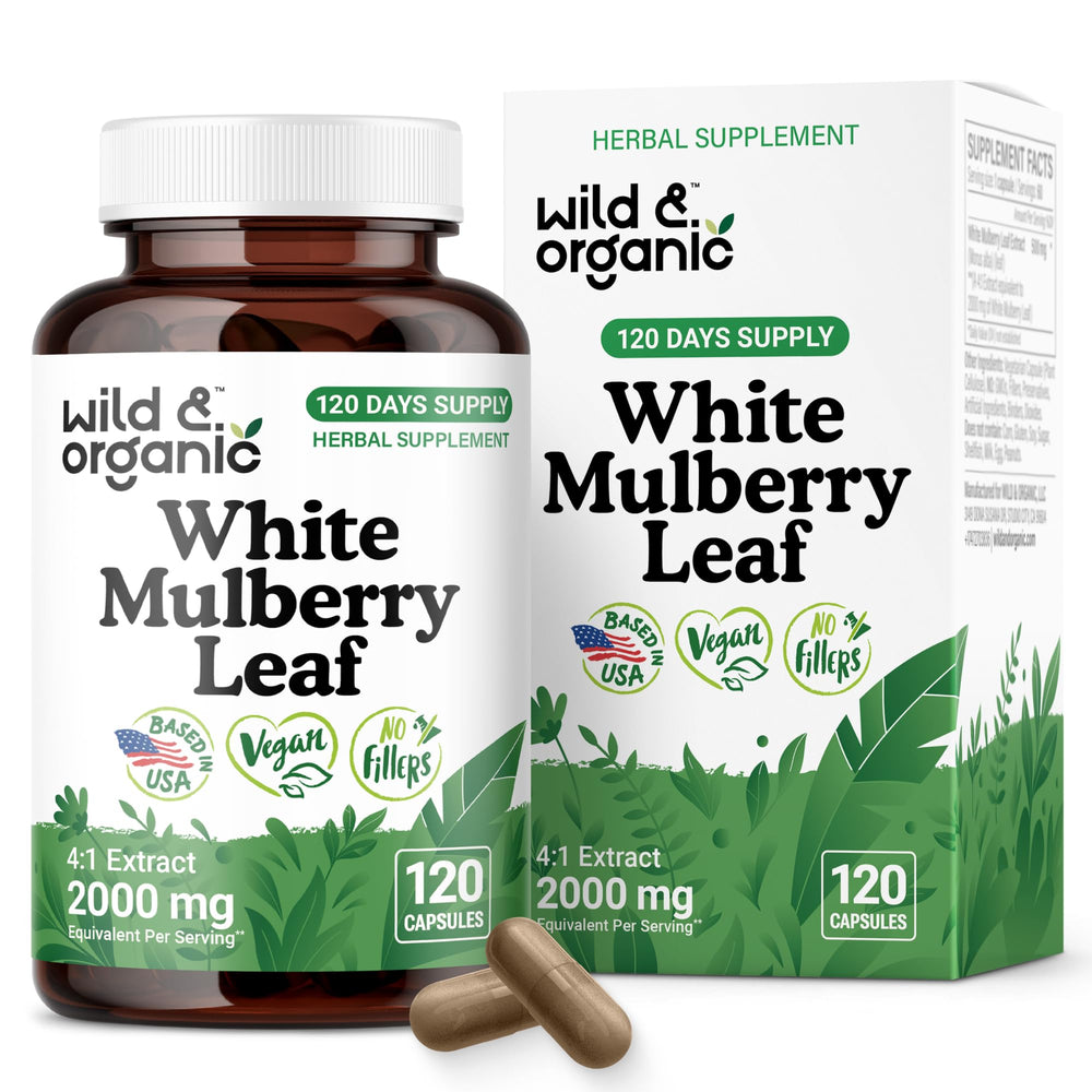 Bottle of Wild & Organic White Mulberry Leaf Extract Capsules 500 mg