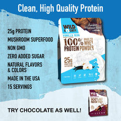 Wild Society grass-fed whey bottle highlights clean protein from grass-fed cows.