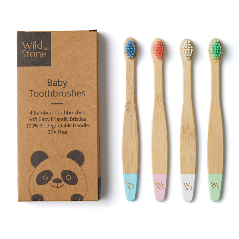 Wild & Stone Organic Baby Bamboo Toothbrushes – 4 Pack, multicolor handles