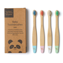 Wild & Stone Organic Baby Bamboo Toothbrushes – 4 Pack, multicolor handles