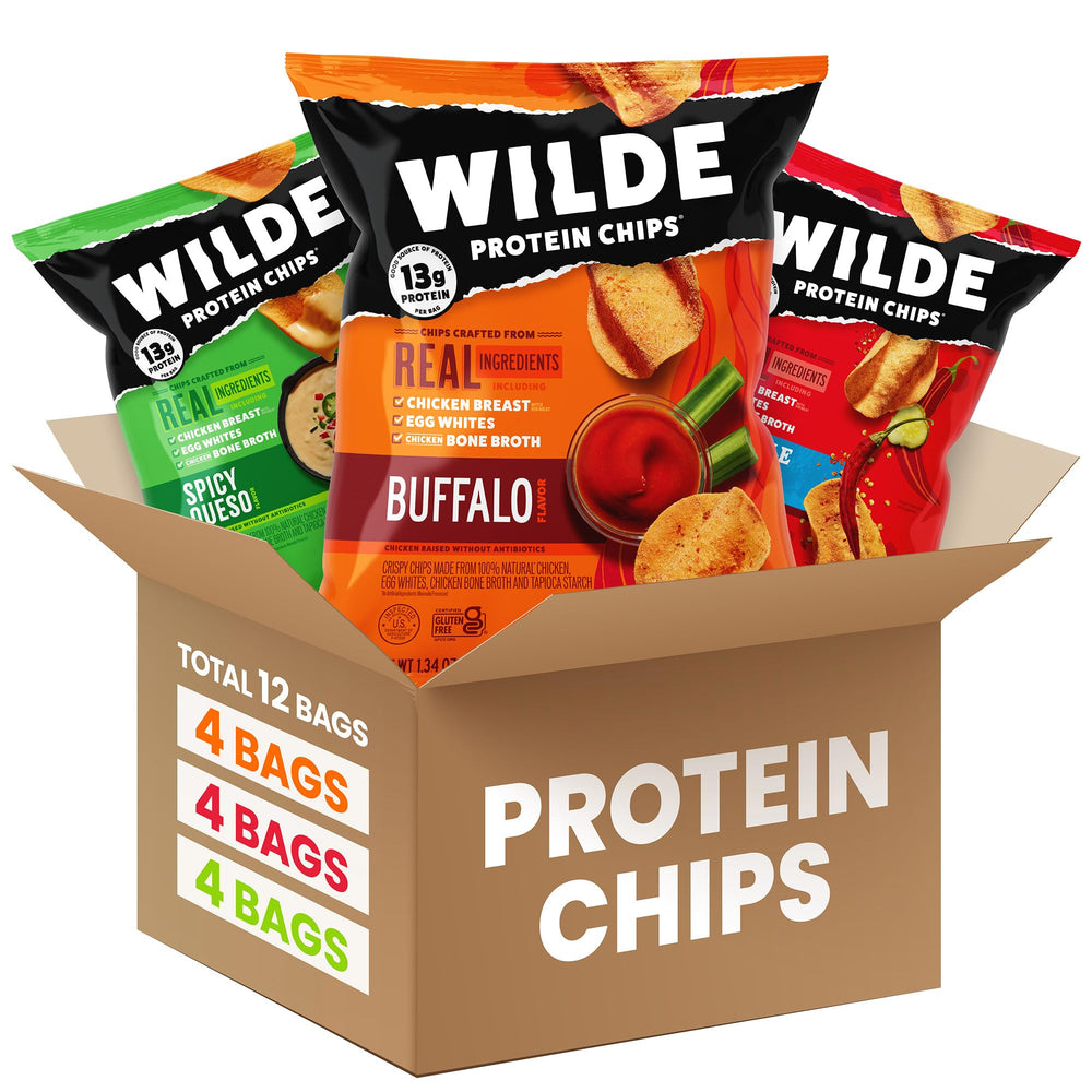 WILDE Protein Chips Spicy Variety Pack packaging with buffalo, spicy queso, and Nashville Hot flavors