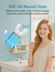 U-shaped brush head fitting 360 degrees around teeth