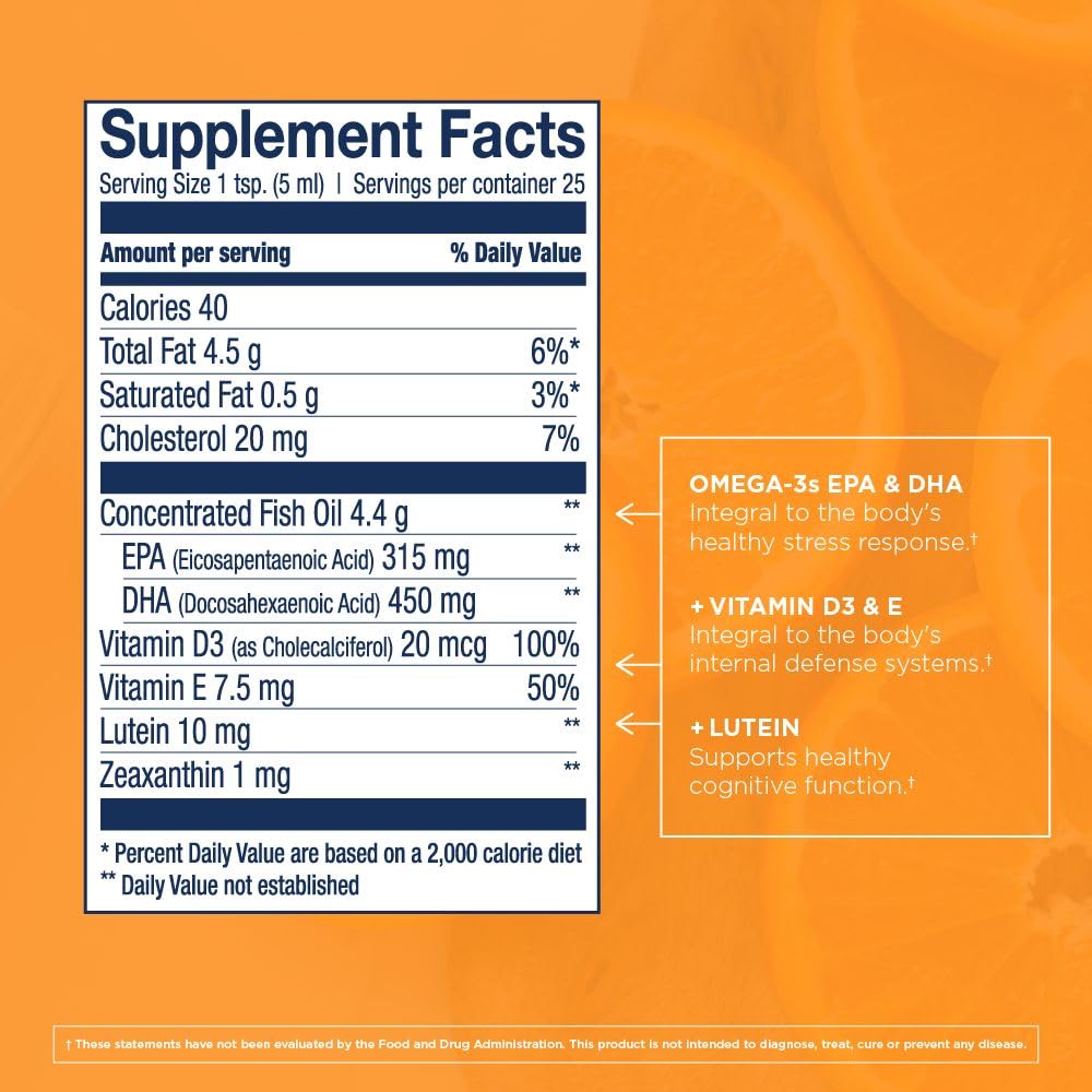 Close-up of cod liver oil bottle showing orange flavor