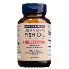Bottle of Wiley's Finest Peak DHA Wild Alaskan Fish Oil with 60 softgels