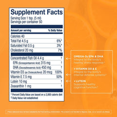 Label close-up of orange-flavored cod liver oil bottle