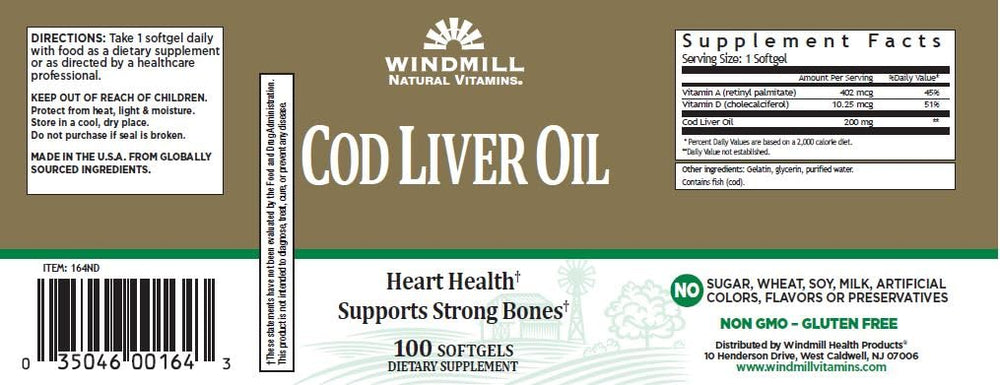 Back of Windmill Cod Liver Oil Softgels bottle showing no artificial colors, flavors or preservatives
