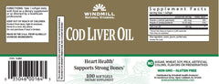 Back of Windmill Cod Liver Oil Softgels bottle showing no artificial colors, flavors or preservatives