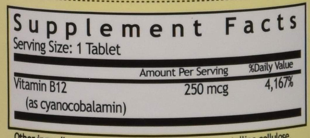 Label detail showing 100 mcg Vitamin B-12 per tablet