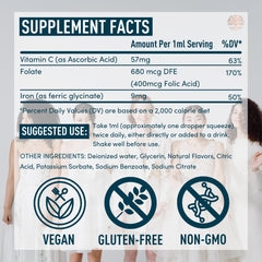 Product label highlighting folate and vegan iron