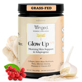 Winged Wellness Glow Up AM collagen powder jar with scoop