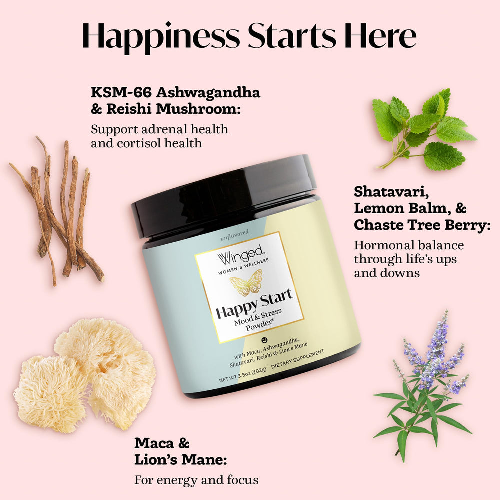 Close-up of Happy Start ingredients: ashwagandha, mushrooms, maca