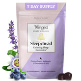 Packaging for Winged Wellness Sleepyhead Gummies in blueberry lavender flavor