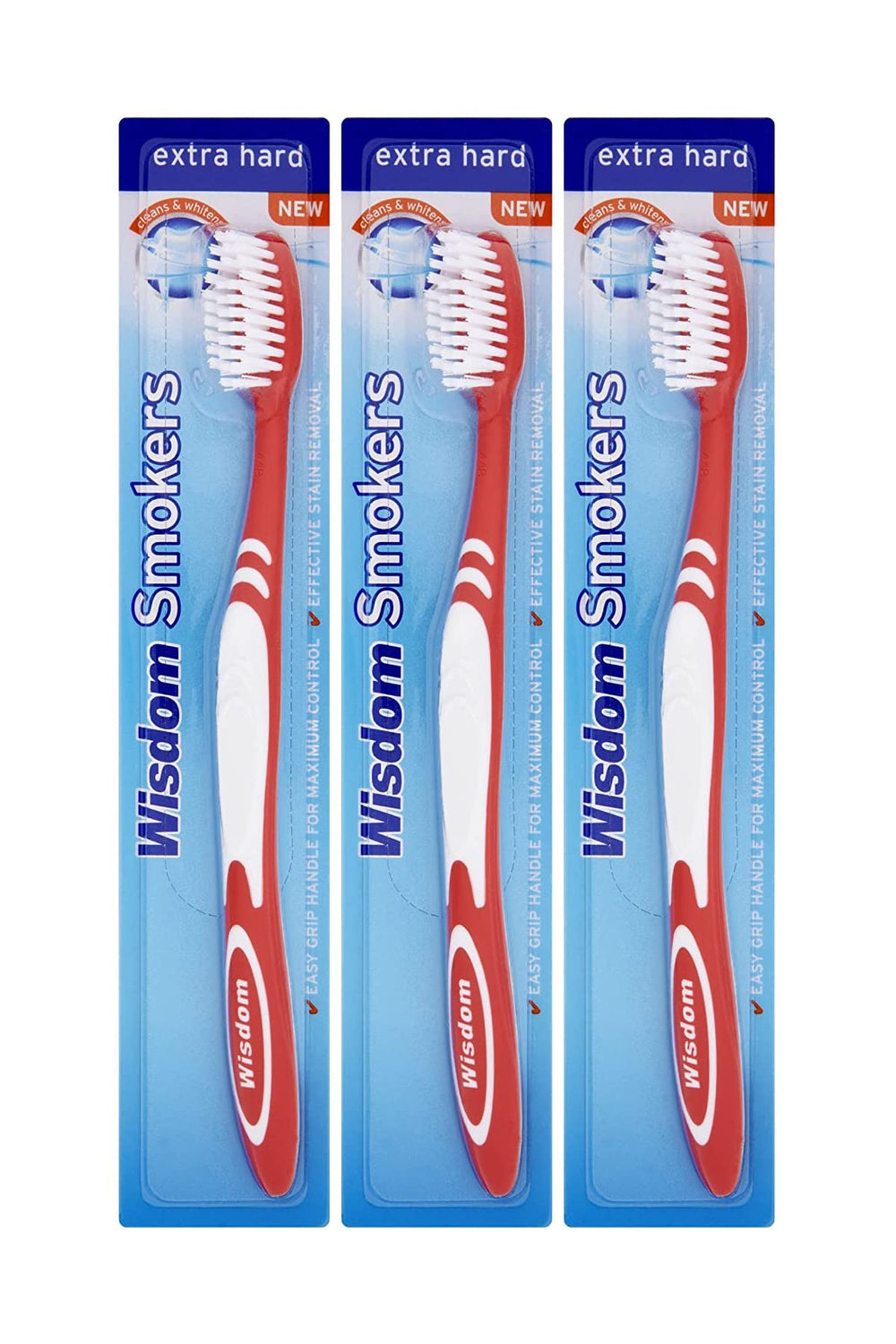 Front view of 3X Wisdom Smokers Extra Hard Toothbrush 3-pack