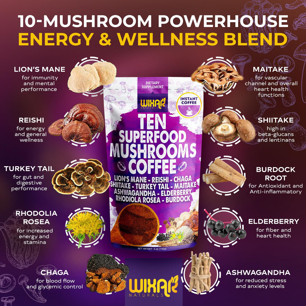 Close-up of mushroom blend ingredients showing Lion's Mane, Reishi, Chaga, Shiitake, Turkey Tail