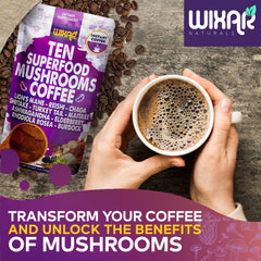 Lifestyle shot: mug of mushroom coffee on kitchen counter