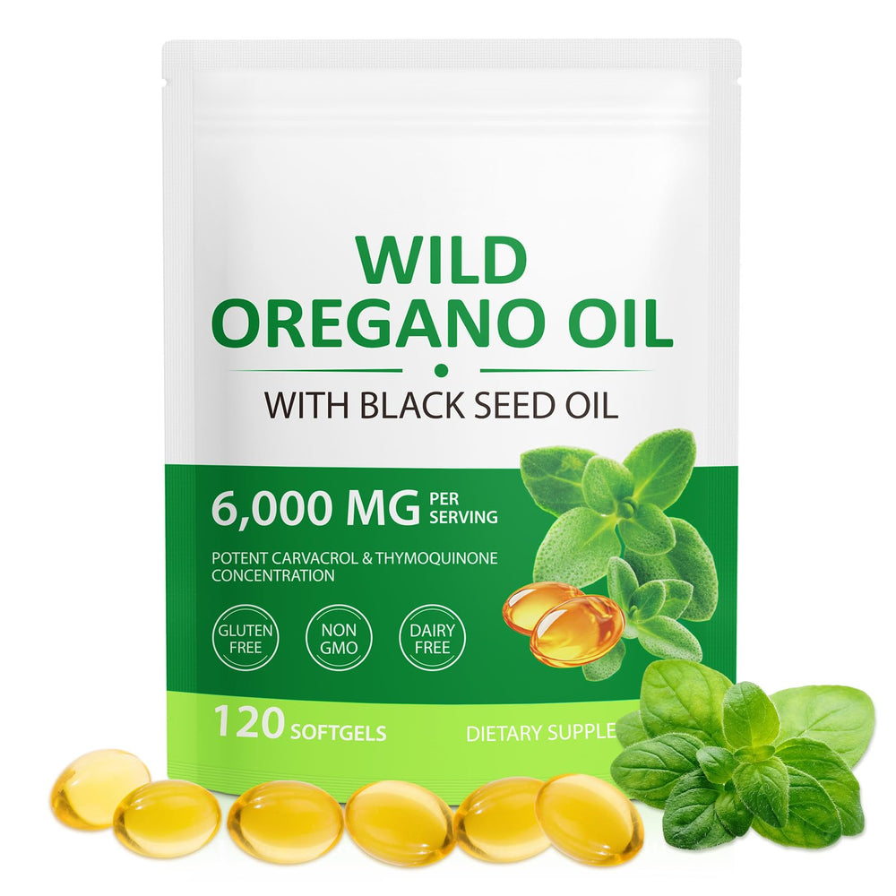 Front view of WHLH & Well-Being Oregano Oil Softgels bottle