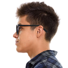 Glasses with temple tips during sports activity