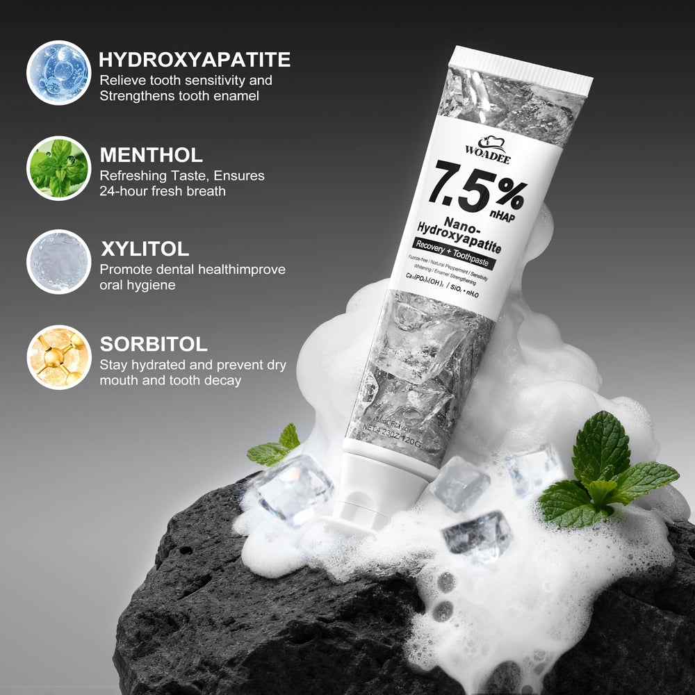 Label close-up showing 7.5% nano hydroxyapatite and fluoride-free claim