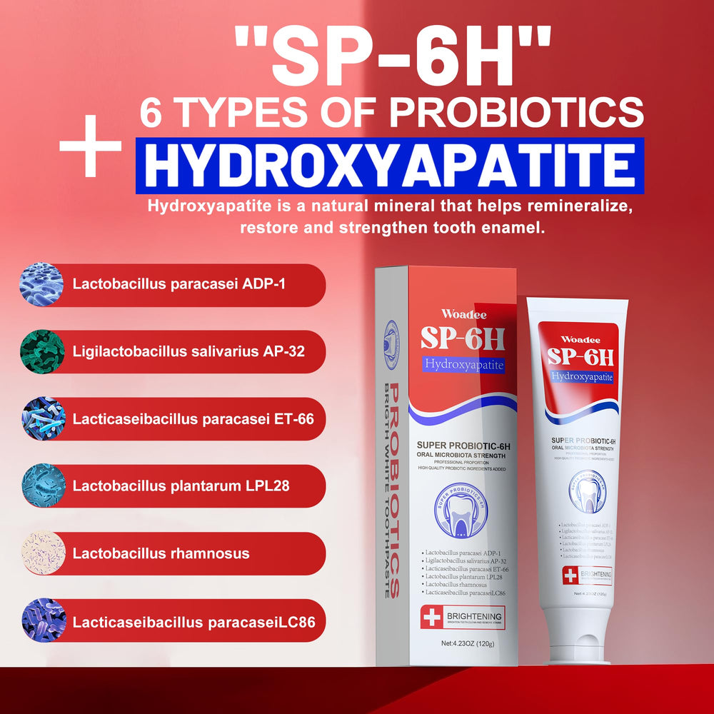 Illustration of 6 probiotics plus hydroxyapatite ingredients