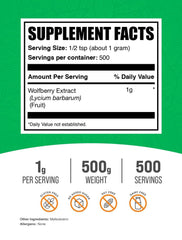 Back label showing product details for Wolfberry Extract Powder 500g