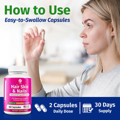 Illustration of women and men using the vitamins for hair, skin, and nails