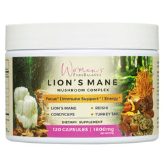 Bottle of Women's PureBalance Lion's Mane supplement capsules with Reishi, Cordyceps and Turkey Tail