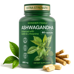 Bottle of WONDER FAMILY Ashwagandha Complex 800mg with GABA, L-Theanine and B6