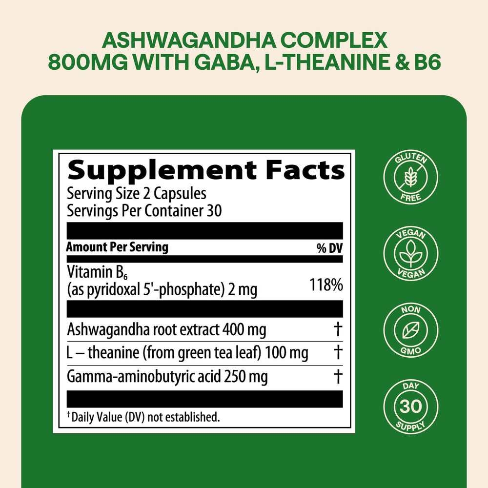 Supplement facts panel for 800mg Ashwagandha and ingredients