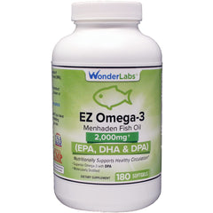 Bottle of Wonder Laboratories EZ Omega-3 with 180 softgels, USA made