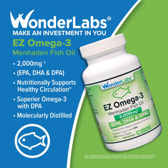 Front view of EZ Omega-3 bottle, USA manufactured