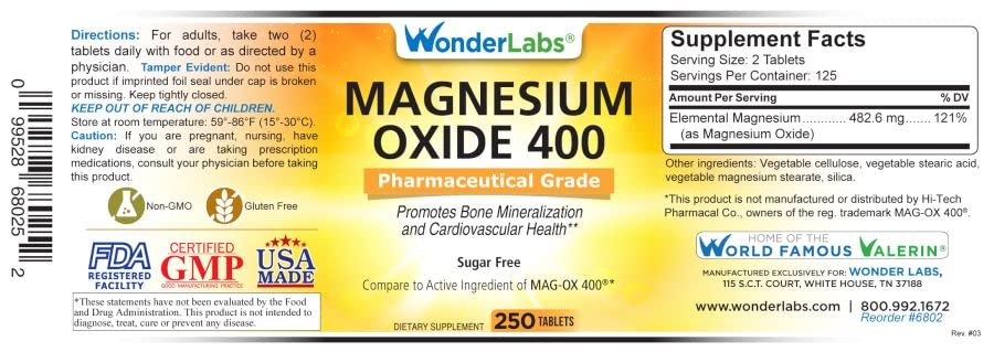 Bottle of Wonder Labs Magnesium Oxide 400 tablets