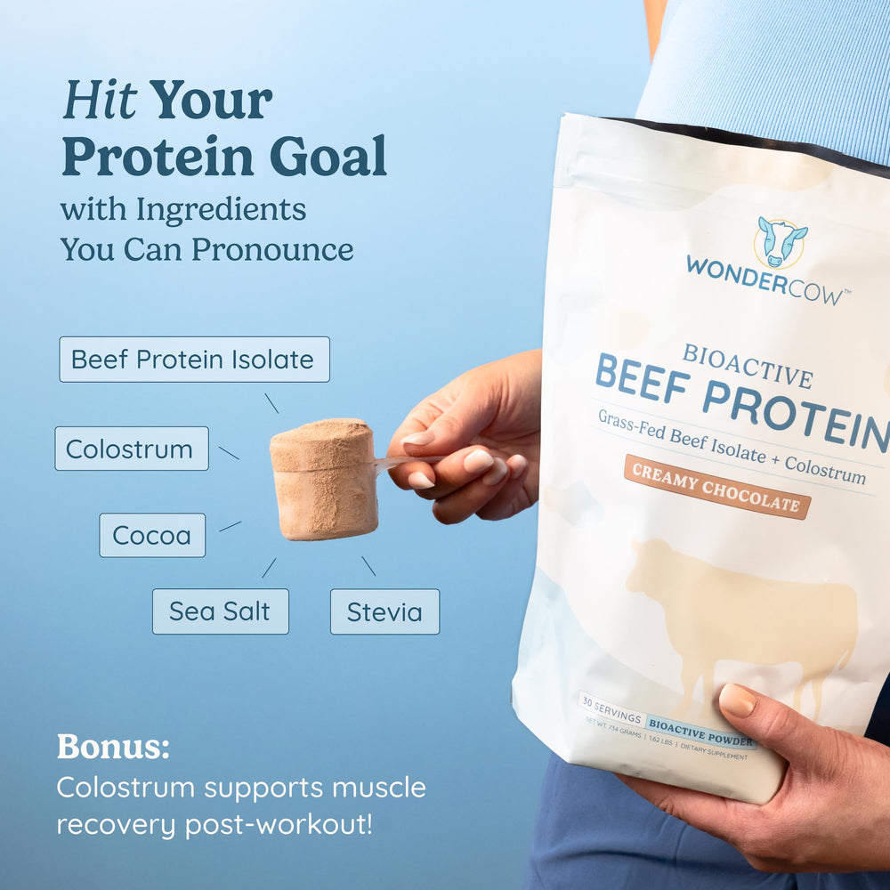 WONDERCOW chocolate flavor image suggests tasty, versatile shakes for post-workout recovery.