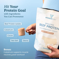 WONDERCOW chocolate flavor image suggests tasty, versatile shakes for post-workout recovery.