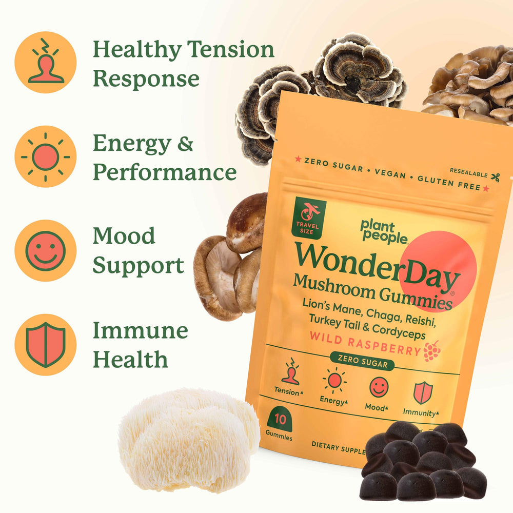Graphic listing 10 functional mushrooms: Lion's Mane, Cordyceps, Reishi, Chaga, Maitake, Shiitake, Turkey Tail, Wood Ear, White Button, Royal Sun