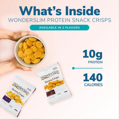 WonderSlim Protein Snack Chips packaging shows gluten-free and low-fat benefits for mindful snacking.
