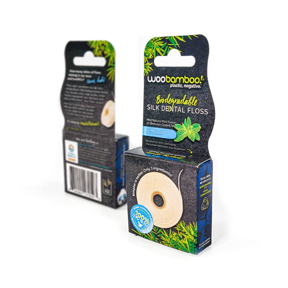 Mint-flavored silk dental floss close-up