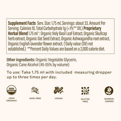 Close-up of six-herb complex ingredients including skullcap and ashwagandha