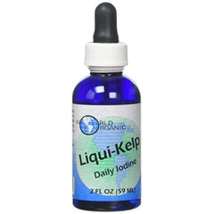 World Organic Kelp Liquid bottle closeup shows its role in daily iodine supplementation.