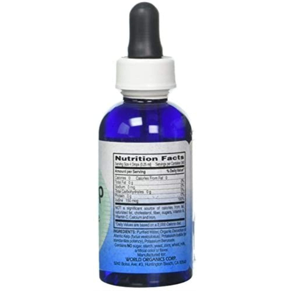 World Organic Kelp Liquid drops are being poured for daily iodine intake.
