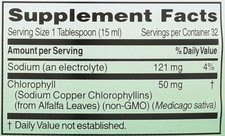 World Organic Liquid Chlorophyll Mint label displaying ingredients and nutrition facts